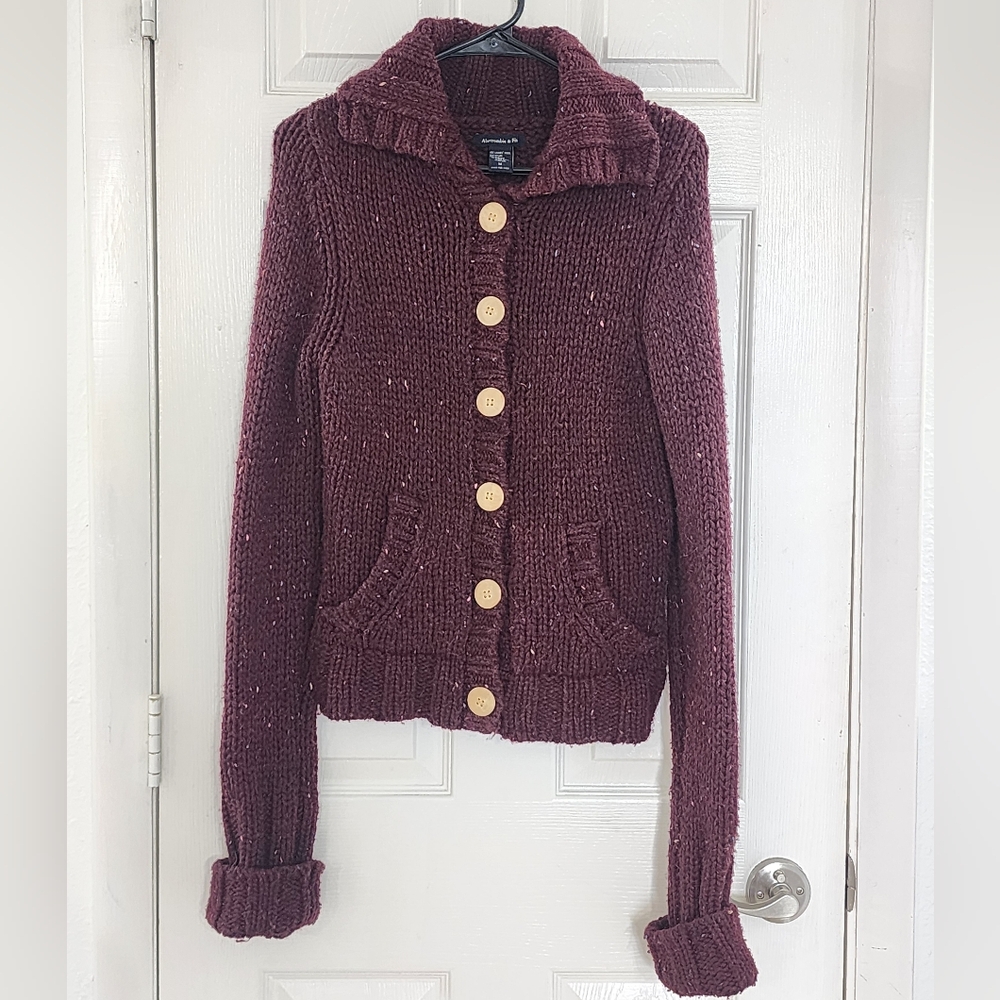 Vintage Abercrombie & Fitch Lambswool Cardigan Burgundy Tweed Chunky Knit Y2K M